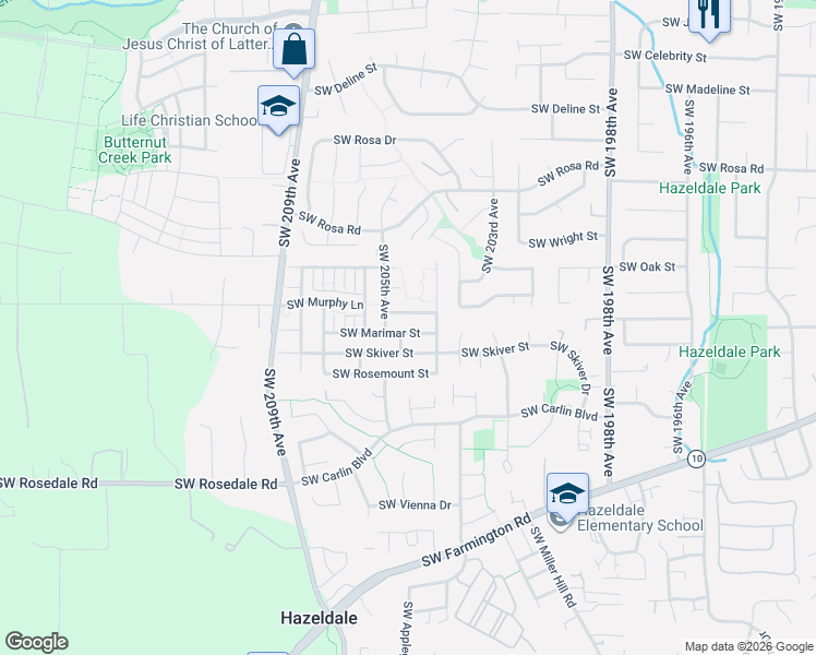 map of restaurants, bars, coffee shops, grocery stores, and more near 20477 Southwest Marimar Street in Beaverton