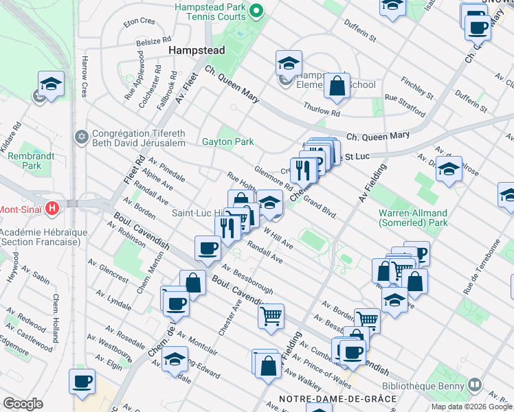 map of restaurants, bars, coffee shops, grocery stores, and more near 6 Rue Briardale in Hampstead
