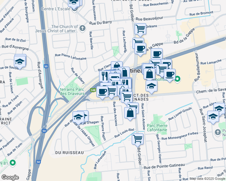 map of restaurants, bars, coffee shops, grocery stores, and more near 25 Chemin de la Savane in Gatineau