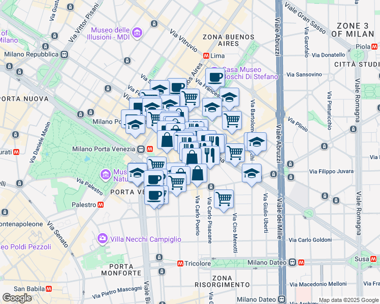 map of restaurants, bars, coffee shops, grocery stores, and more near 9 Via Melzo in Milan