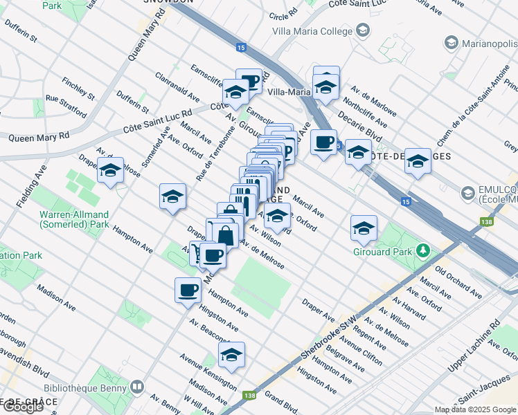 map of restaurants, bars, coffee shops, grocery stores, and more near 4218 Avenue Harvard in Montréal