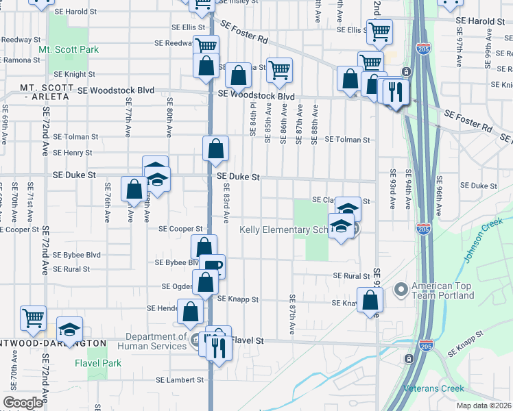 map of restaurants, bars, coffee shops, grocery stores, and more near 6617 Southeast 85th Avenue in Portland