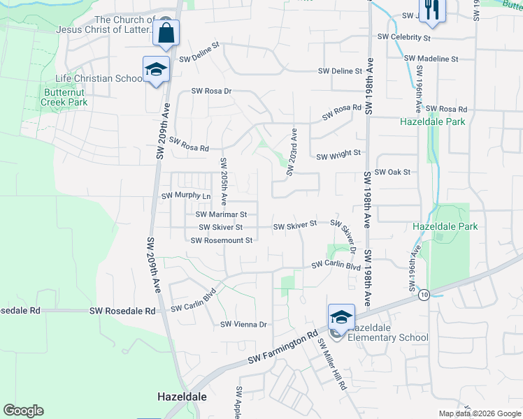 map of restaurants, bars, coffee shops, grocery stores, and more near 6258 Southwest Fountain Grove Terrace in Beaverton