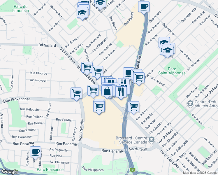 map of restaurants, bars, coffee shops, grocery stores, and more near 2180 Boulevard Lapinière in Brossard