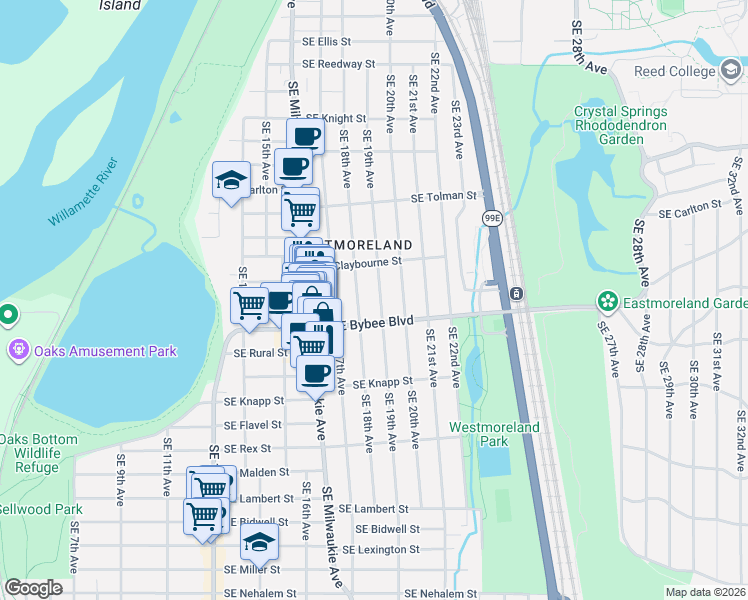 map of restaurants, bars, coffee shops, grocery stores, and more near 6815 Southeast 19th Avenue in Portland