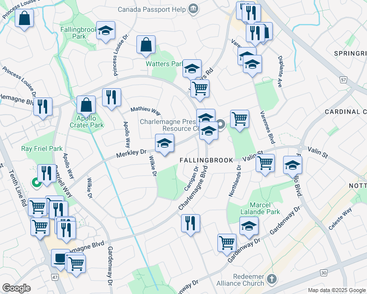 map of restaurants, bars, coffee shops, grocery stores, and more near 738 Merkley Drive in Ottawa
