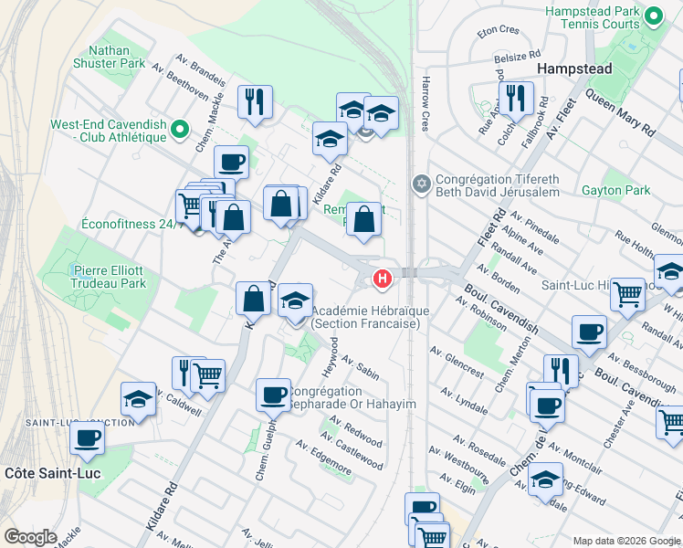 map of restaurants, bars, coffee shops, grocery stores, and more near 5700 Boulevard Cavendish in Côte Saint-Luc