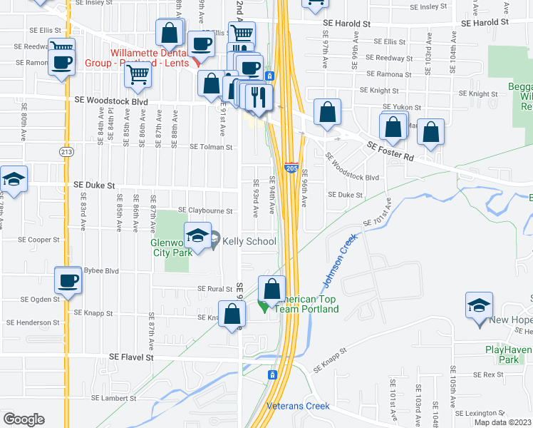 map of restaurants, bars, coffee shops, grocery stores, and more near 9421 Southeast Glenwood Street in Portland