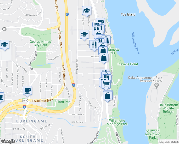 map of restaurants, bars, coffee shops, grocery stores, and more near 419 Southwest Texas Street in Portland