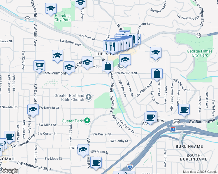 map of restaurants, bars, coffee shops, grocery stores, and more near 6893 Southwest Capitol Hill Road in Portland