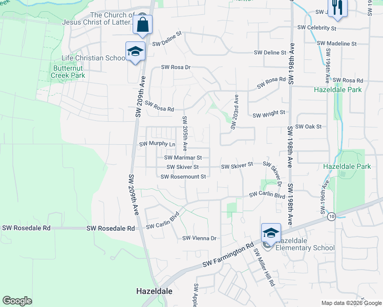map of restaurants, bars, coffee shops, grocery stores, and more near 20619 Southwest Skiver Street in Beaverton