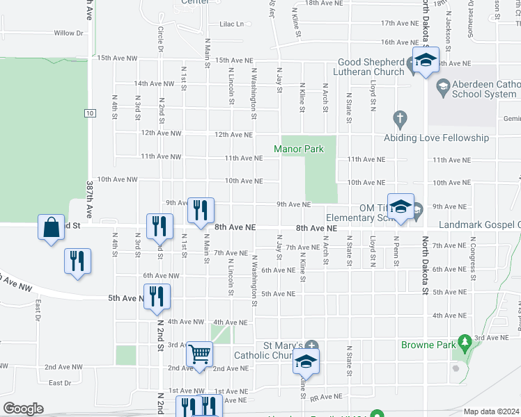 map of restaurants, bars, coffee shops, grocery stores, and more near 101-199 8th Ave NE in Aberdeen