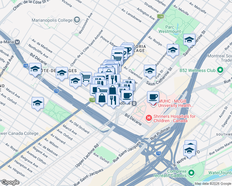 map of restaurants, bars, coffee shops, grocery stores, and more near Avenue de Marlowe in Montréal