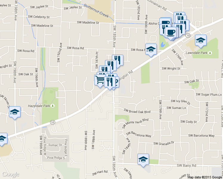 map of restaurants, bars, coffee shops, grocery stores, and more near 18520 Southwest Farmington Road in Aloha
