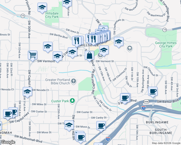 map of restaurants, bars, coffee shops, grocery stores, and more near 6893 Southwest Capitol Hill Road in Portland