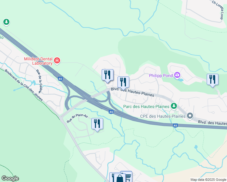 map of restaurants, bars, coffee shops, grocery stores, and more near 25 Rue du Sommet in Gatineau