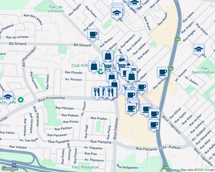 map of restaurants, bars, coffee shops, grocery stores, and more near 4 Rue de la Place-du-Commerce in Brossard