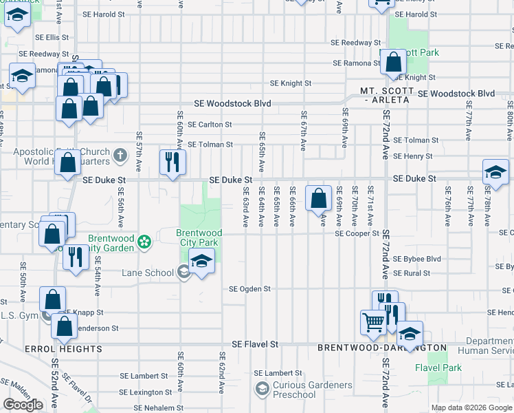 map of restaurants, bars, coffee shops, grocery stores, and more near 6615 Southeast 64th Avenue in Portland