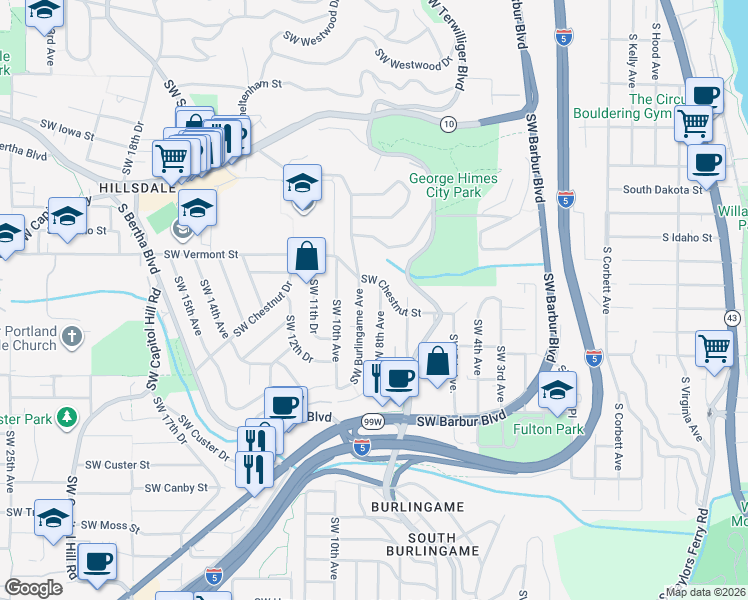map of restaurants, bars, coffee shops, grocery stores, and more near 6938 Southwest 8th Avenue in Portland