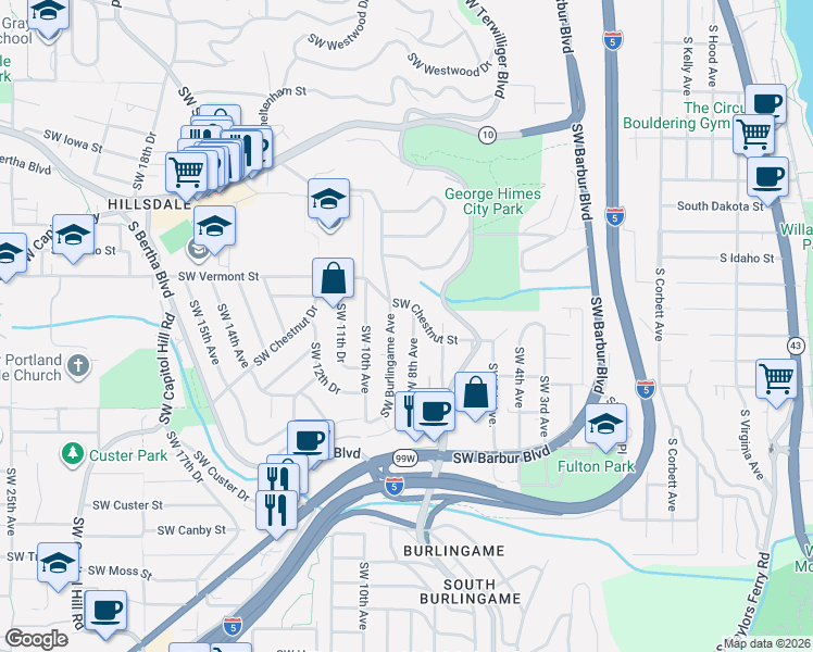map of restaurants, bars, coffee shops, grocery stores, and more near 6825 Southwest 8th Avenue in Portland