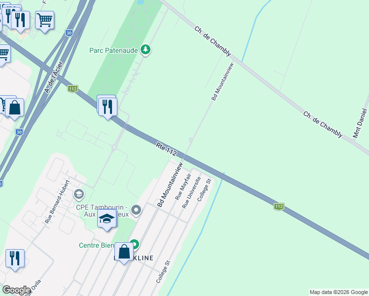map of restaurants, bars, coffee shops, grocery stores, and more near 2740 Boulevard Mountainview in Longueuil