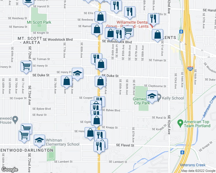 map of restaurants, bars, coffee shops, grocery stores, and more near 6708 Southeast 84th Avenue in Portland