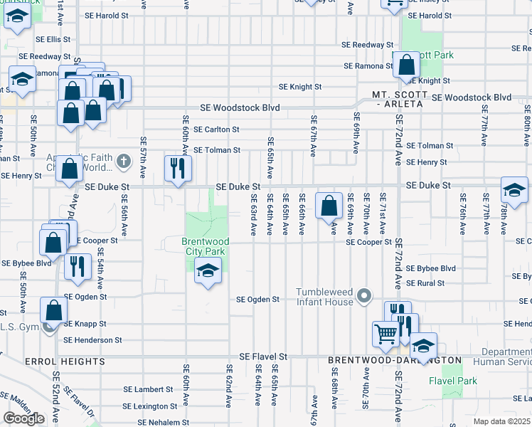 map of restaurants, bars, coffee shops, grocery stores, and more near 6710 Southeast 63rd Avenue in Portland