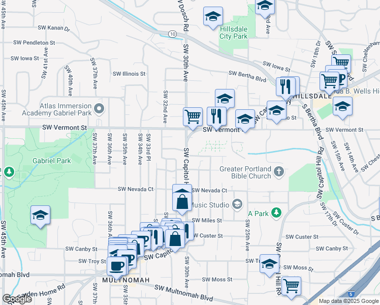 map of restaurants, bars, coffee shops, grocery stores, and more near 6930 Southwest Capitol Highway in Portland