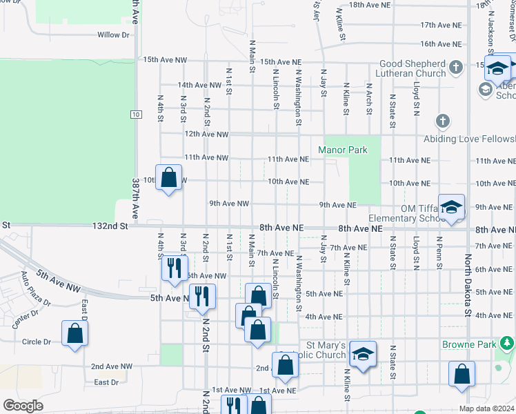 map of restaurants, bars, coffee shops, grocery stores, and more near 14-98 8th Avenue Northeast in Aberdeen