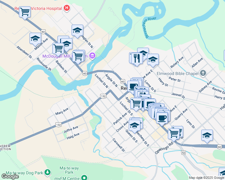 map of restaurants, bars, coffee shops, grocery stores, and more near 55 Lochiel Street North in Renfrew