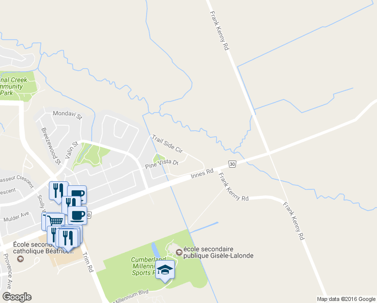 map of restaurants, bars, coffee shops, grocery stores, and more near 206 Trail Side Circle in Ottawa