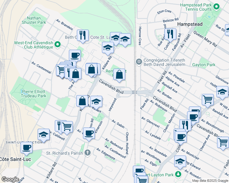 map of restaurants, bars, coffee shops, grocery stores, and more near 5700 Boulevard Cavendish in Côte Saint-Luc
