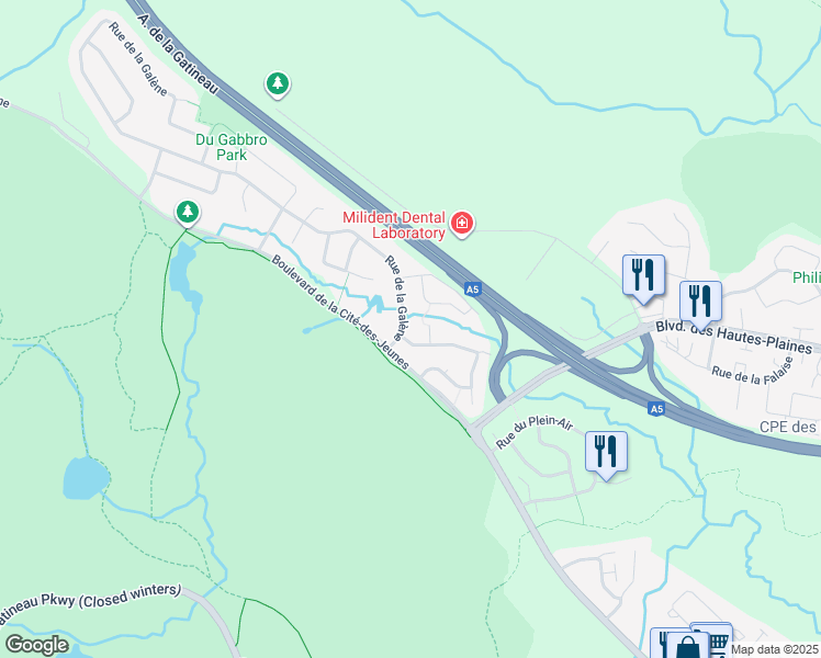map of restaurants, bars, coffee shops, grocery stores, and more near 15 Rue de la Galène in Gatineau