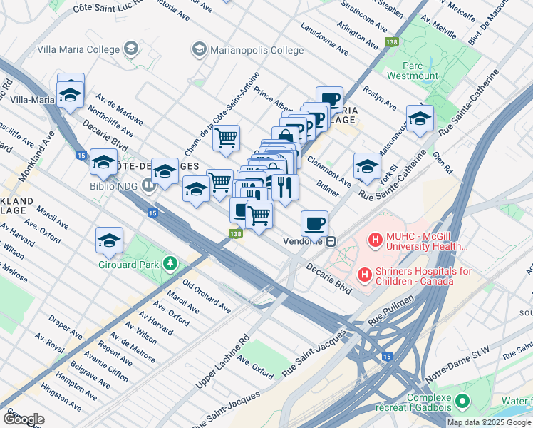 map of restaurants, bars, coffee shops, grocery stores, and more near in Montreal