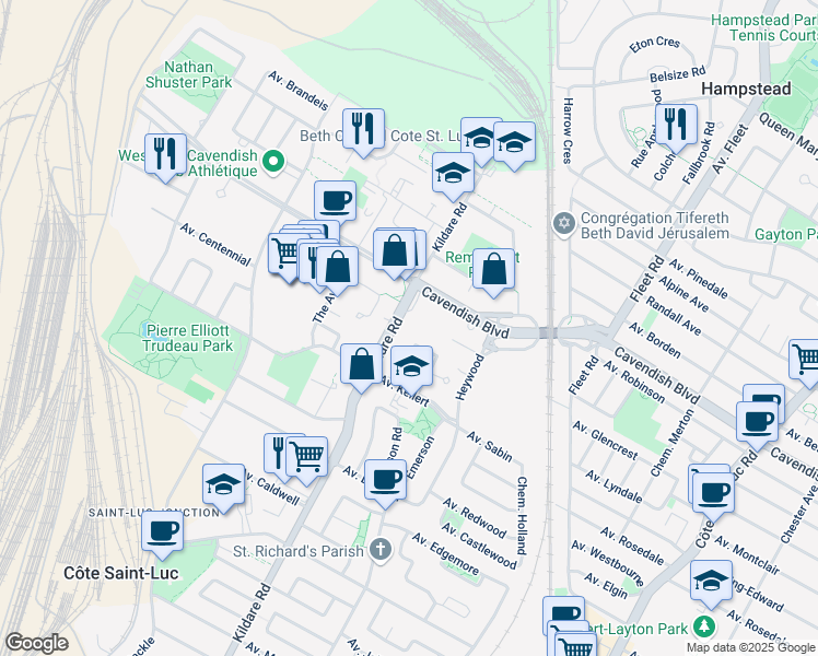 map of restaurants, bars, coffee shops, grocery stores, and more near 6795 Korczak Crescent in Côte Saint-Luc