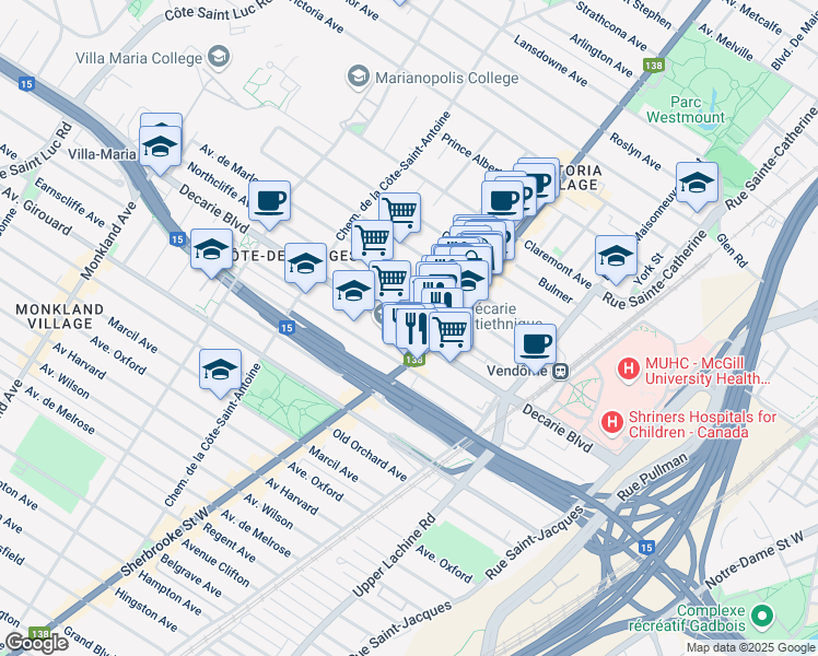 map of restaurants, bars, coffee shops, grocery stores, and more near 3433 Boulevard Décarie in Montréal