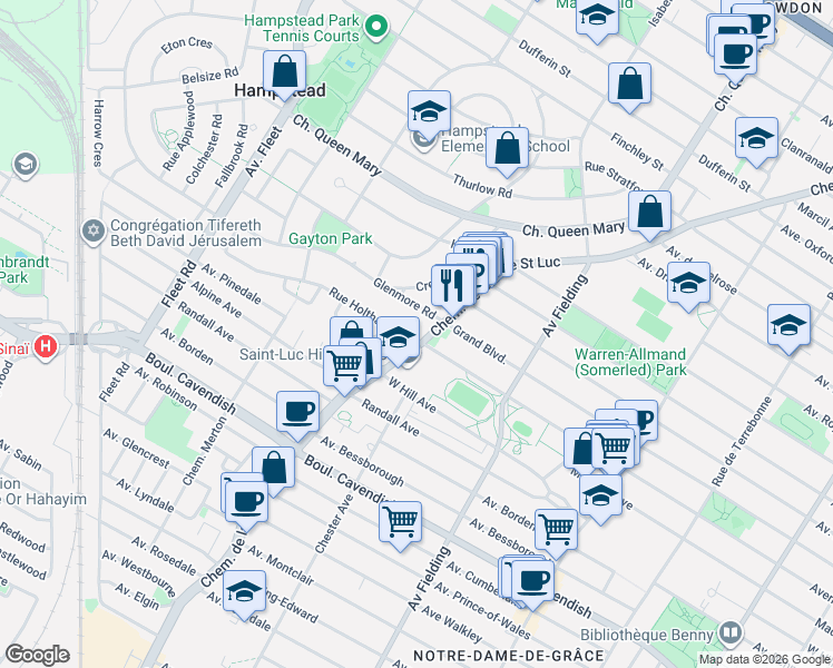 map of restaurants, bars, coffee shops, grocery stores, and more near 6211 Chemin de la Côte-Saint-Luc in Hampstead