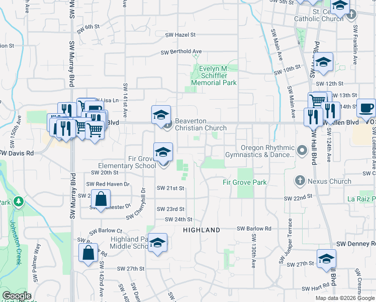 map of restaurants, bars, coffee shops, grocery stores, and more near 13497 Southwest 17th Street in Beaverton
