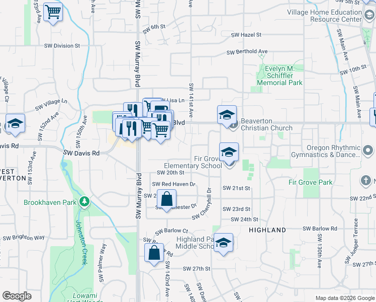 map of restaurants, bars, coffee shops, grocery stores, and more near 13995 Southwest Spirea Street in Beaverton