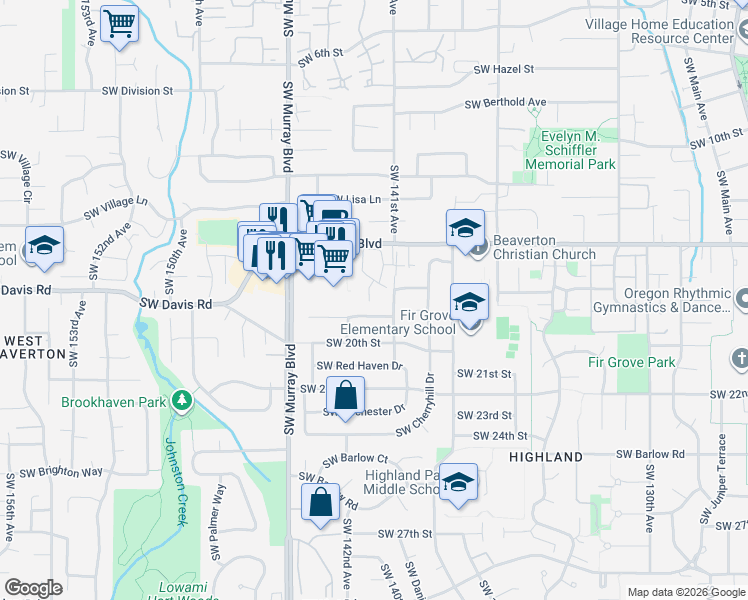 map of restaurants, bars, coffee shops, grocery stores, and more near 14186 Southwest Allen Boulevard in Beaverton