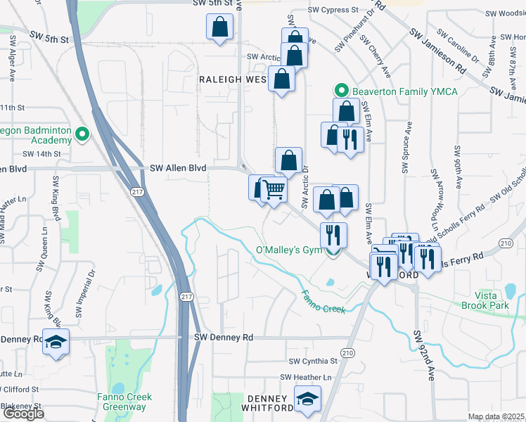 map of restaurants, bars, coffee shops, grocery stores, and more near 10140 Southwest Allen Boulevard in Beaverton
