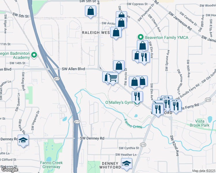 map of restaurants, bars, coffee shops, grocery stores, and more near 10140 Southwest Allen Boulevard in Beaverton