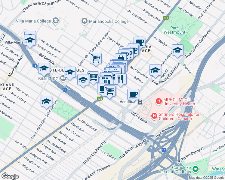 map of restaurants, bars, coffee shops, grocery stores, and more near in Montreal