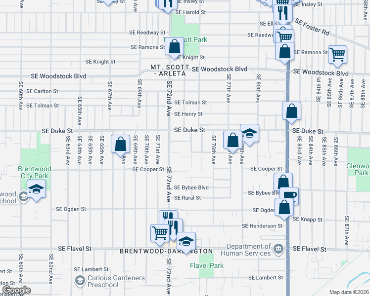 map of restaurants, bars, coffee shops, grocery stores, and more near 6525 Southeast 74th Avenue in Portland