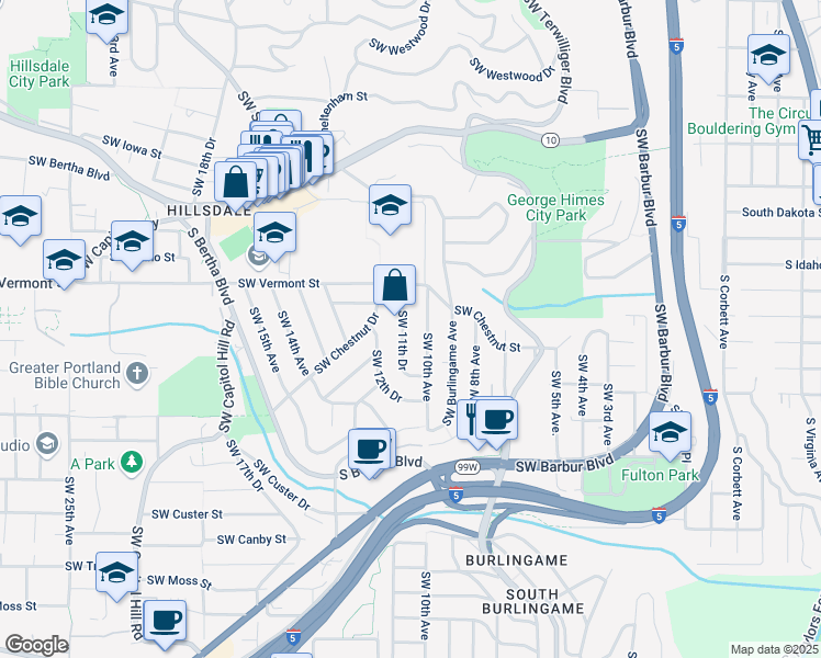 map of restaurants, bars, coffee shops, grocery stores, and more near 6750 Southwest 11th Drive in Portland
