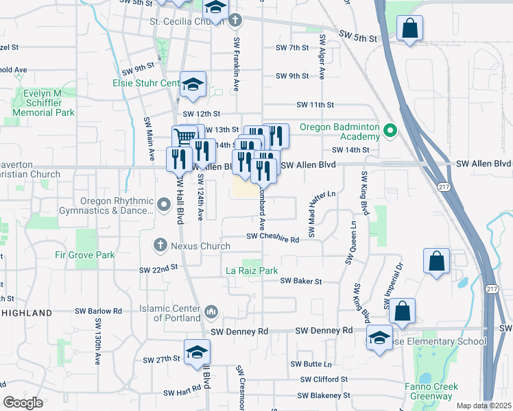 map of restaurants, bars, coffee shops, grocery stores, and more near 6145 Southwest Lombard Avenue in Beaverton