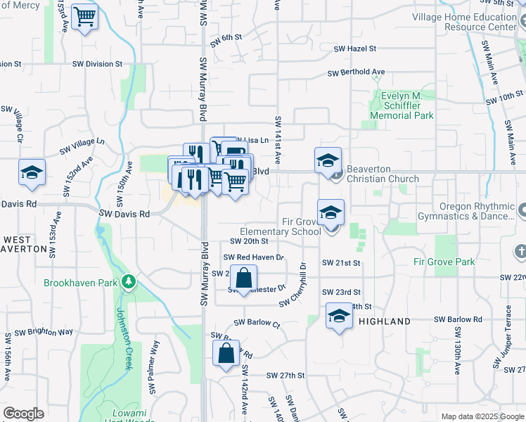 map of restaurants, bars, coffee shops, grocery stores, and more near 14186 Southwest Allen Boulevard in Beaverton