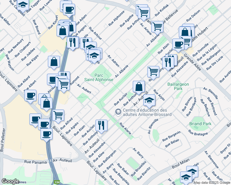 map of restaurants, bars, coffee shops, grocery stores, and more near 5813 Rue Alain in Brossard