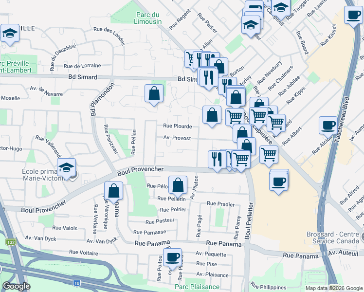 map of restaurants, bars, coffee shops, grocery stores, and more near 1350 Place Port Royal in Brossard