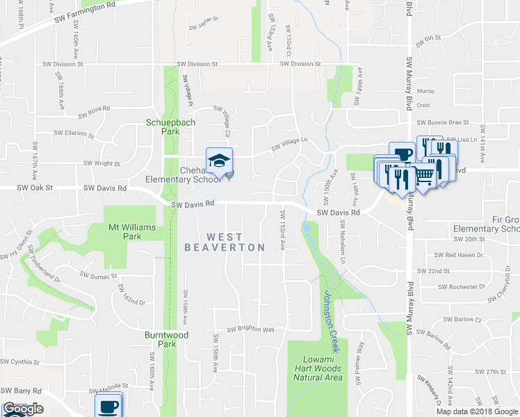 map of restaurants, bars, coffee shops, grocery stores, and more near 15390 Southwest Davis Road in Beaverton